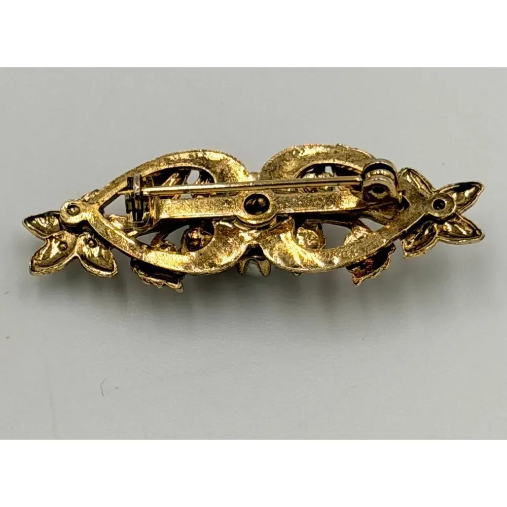 Vintage Floral Gold Tone Purple Rhinestones and Faux Pearls Bar Brooch Pin